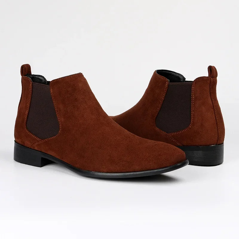 Front view of men's slip-on suede Chelsea boots, designed for everyday casual elegance