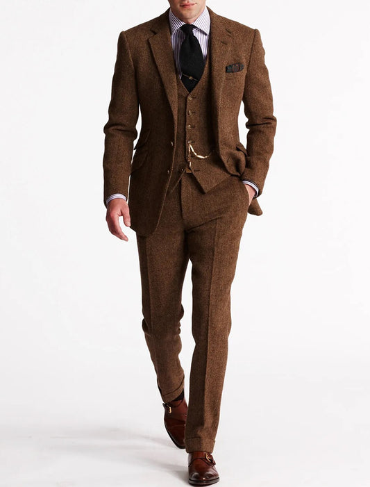 Men's classic brown tweed three-piece suit with waistcoat, perfect for formal events & winter weddings.