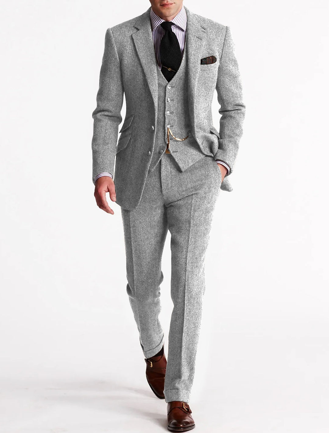 Close-up of a men's classic tweed suit fabric, highlighting the texture and quality for formal wear.