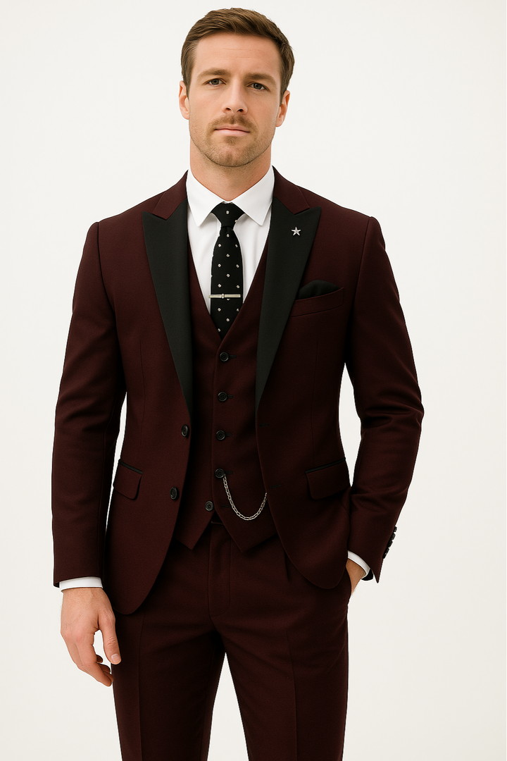 Men's classic burgundy three-piece formal suit set, perfect for weddings or business attire