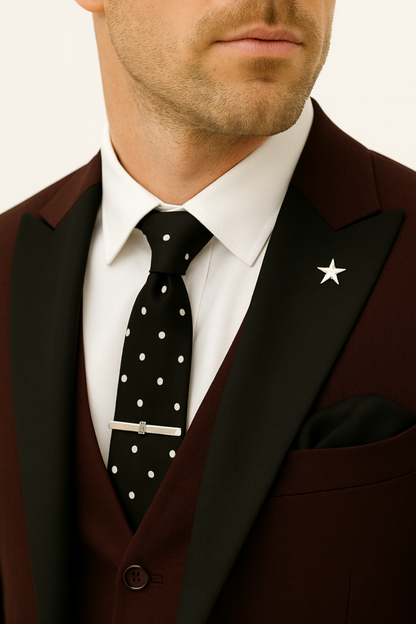 Elegant tailored men's burgundy suit, includes jacket, vest, and trousers for formal wear