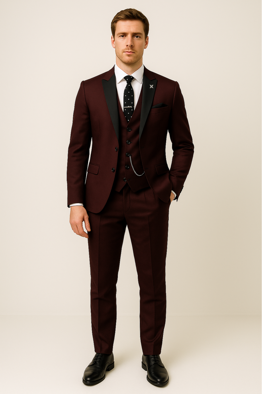 Stylish men's fashion: burgundy three-piece suit, an ideal choice for a wedding look