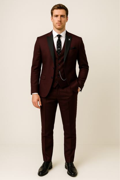 Stylish men's fashion: burgundy three-piece suit, an ideal choice for a wedding look