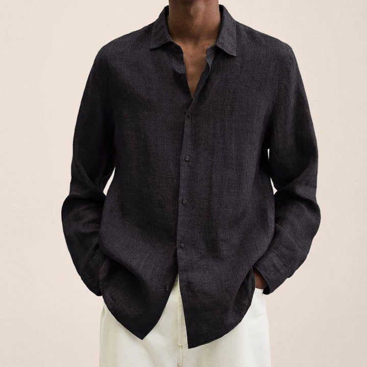 Men's classic button down long sleeve shirt in crisp white, perfect for summer casual wear.