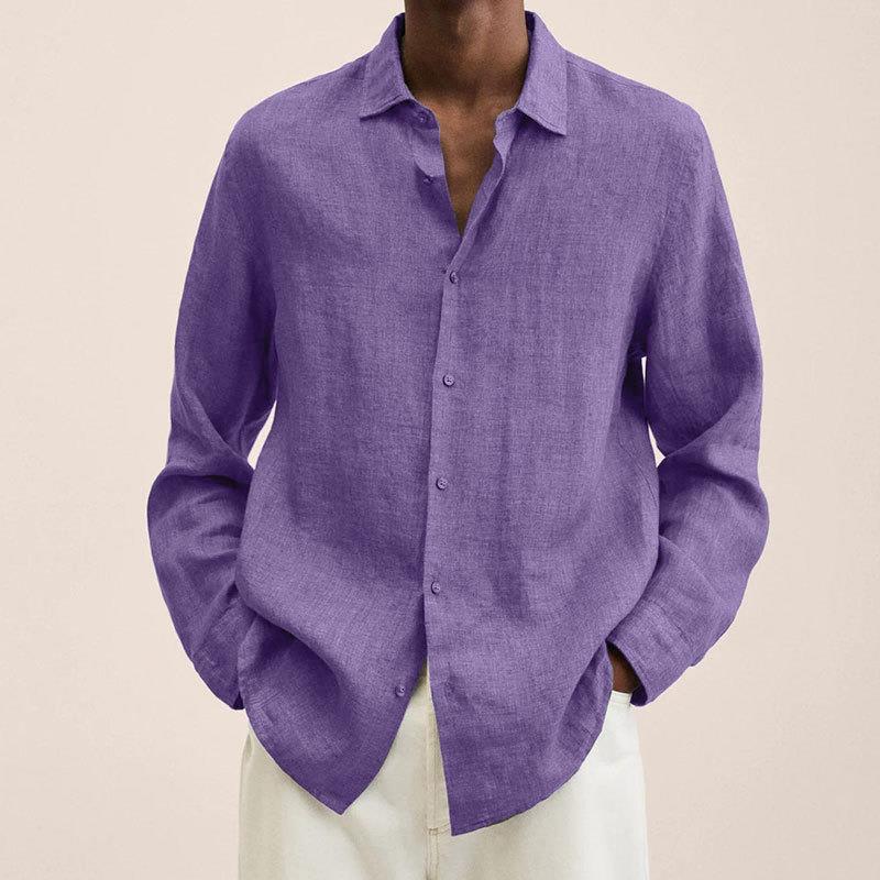 Front view of a folded men's classic button down long sleeve shirt, ready for travel.
