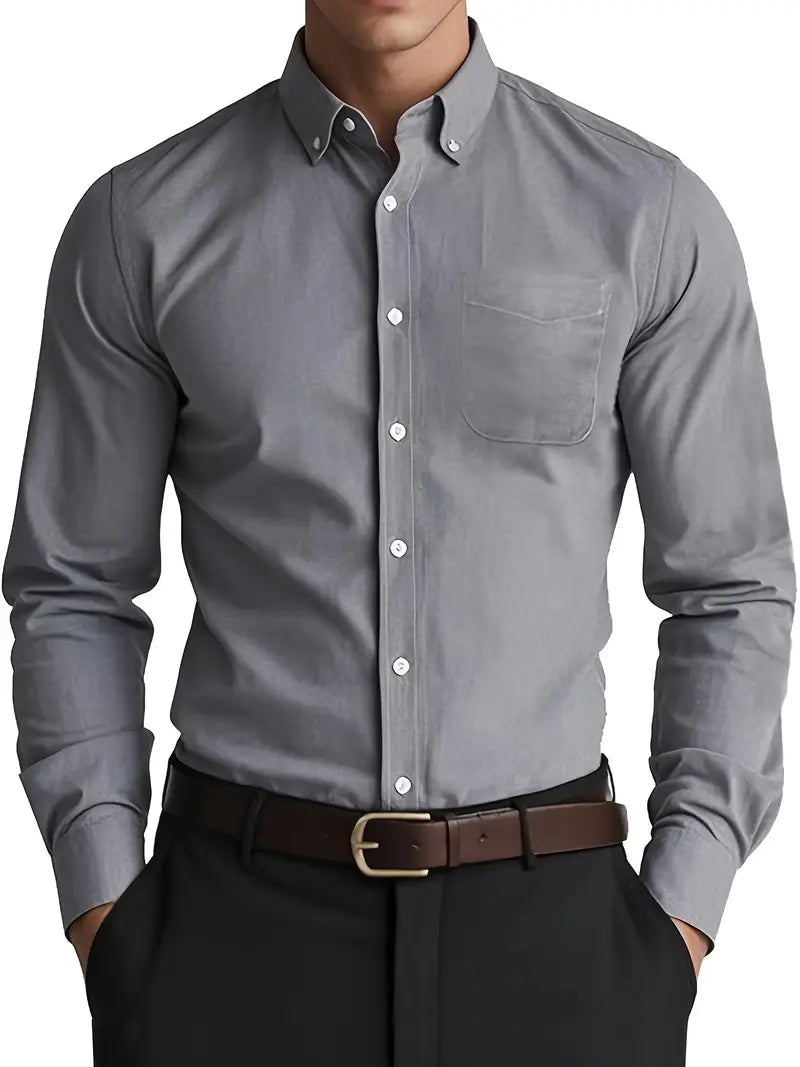 Versatile men's long sleeve button-down casual shirt, perfect for workwear & timeless everyday style.