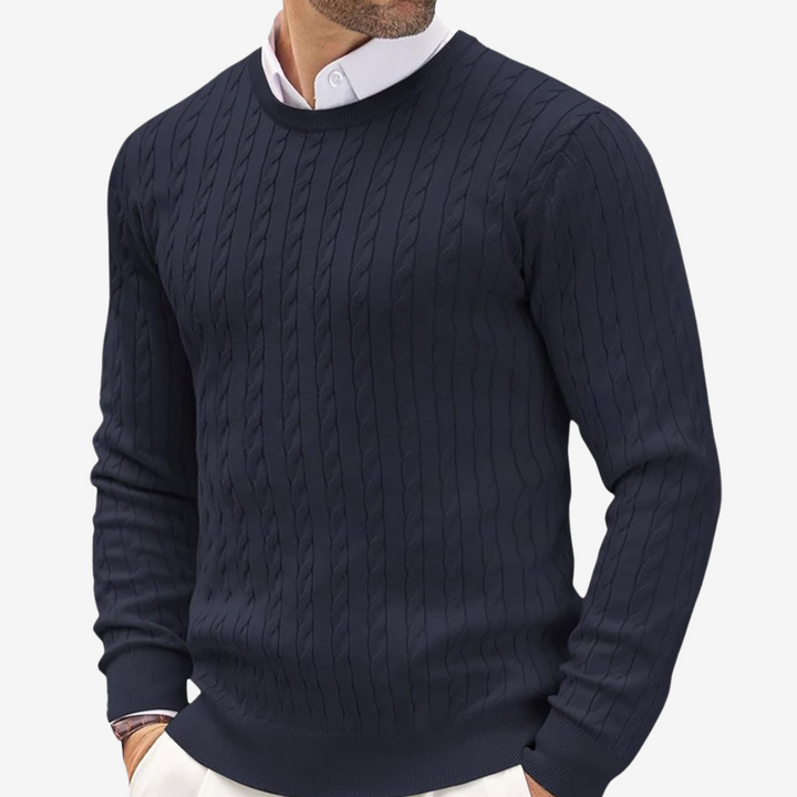 Men's classic cable knit crew neck sweater. Warm and stylish for autumn & winter fashion.