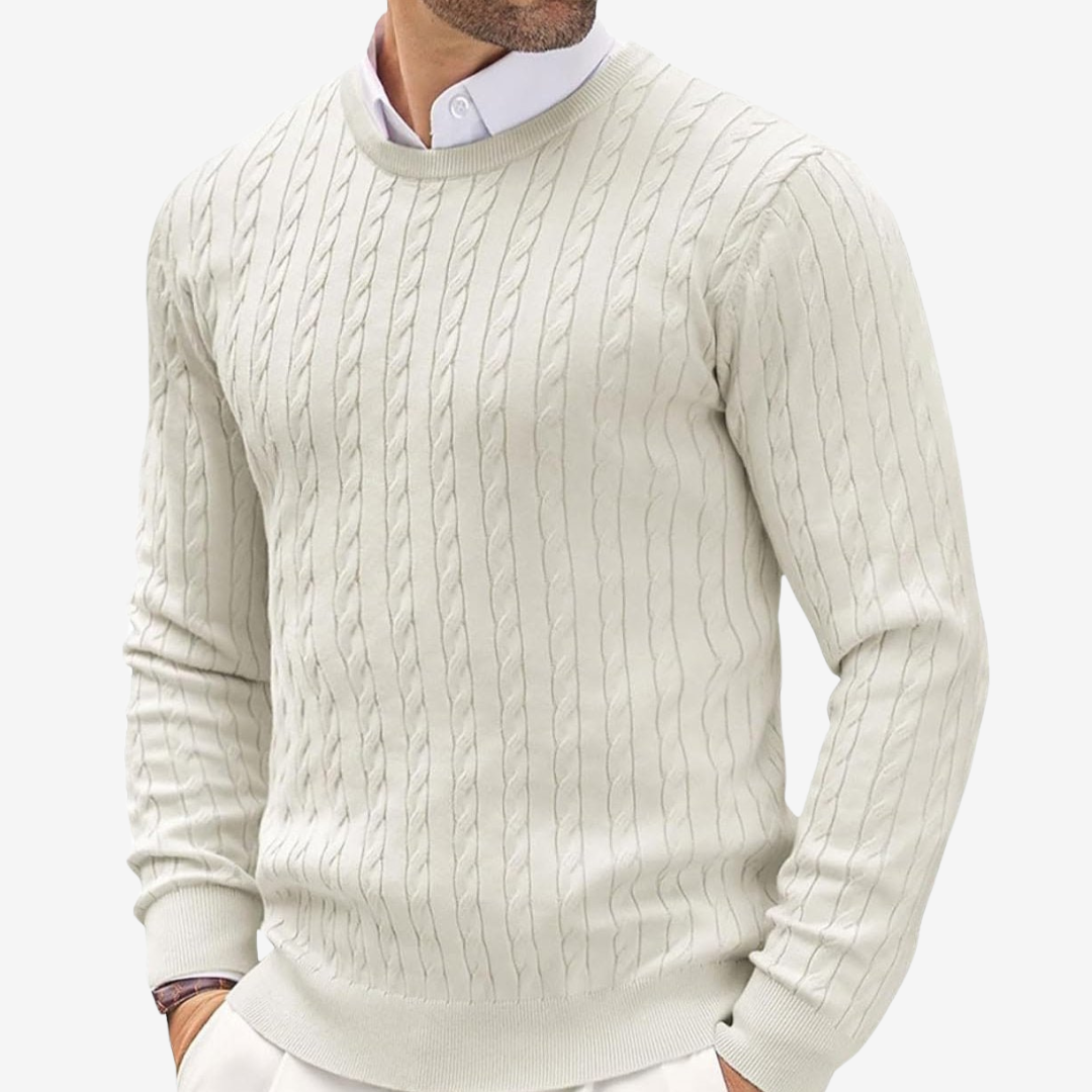 Stylish men's cable knit sweater with crew neck. Perfect warm knitwear for winter fashion & casual wear.
