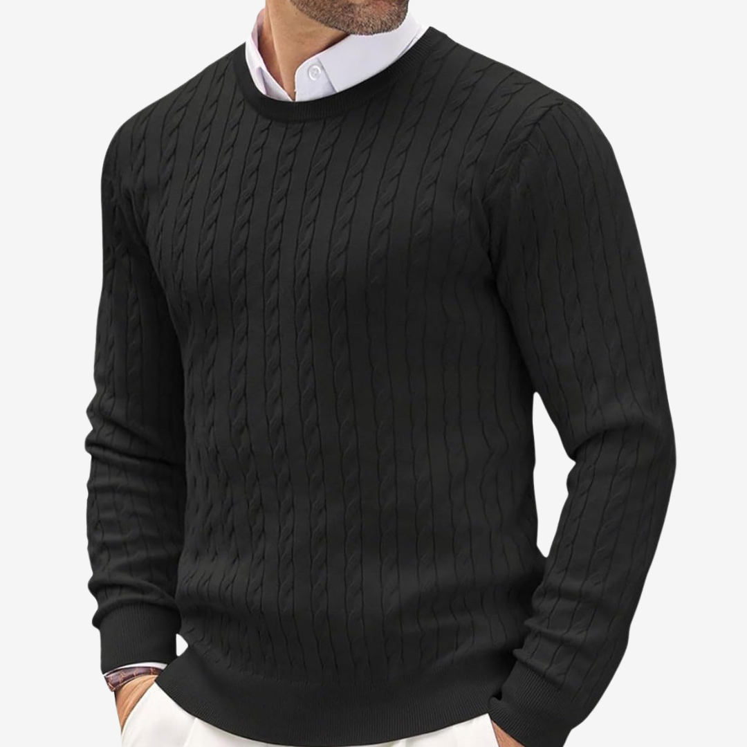 Versatile men's classic cable knit sweater. Crew neck design, warm and stylish for autumn & winter fashion.