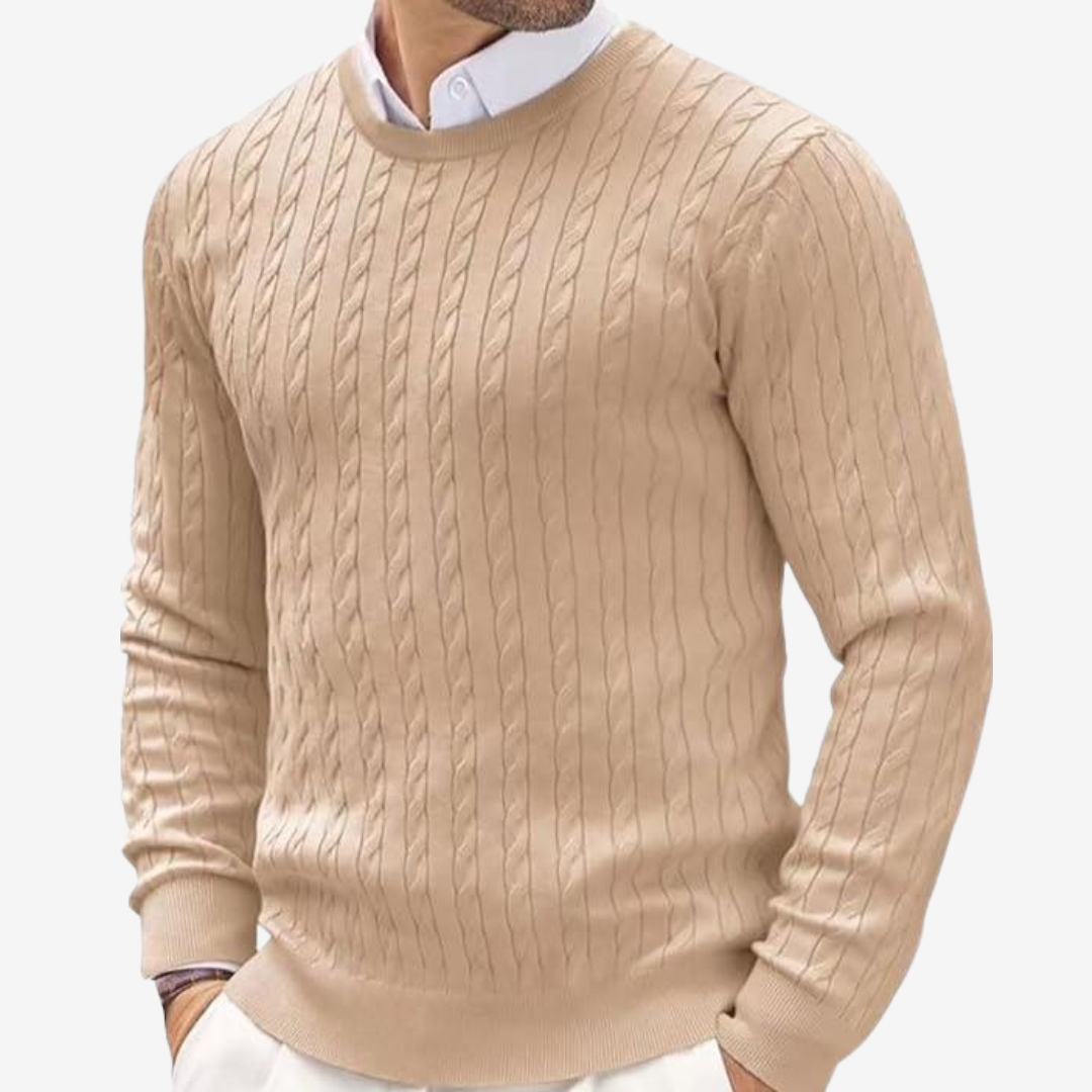 Men's warm cable knit crew neck sweater, perfect for a layered look or casual wear in winter fashion.