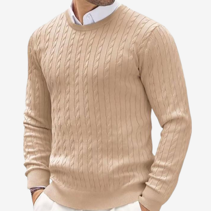 Men's warm cable knit crew neck sweater, perfect for a layered look or casual wear in winter fashion.