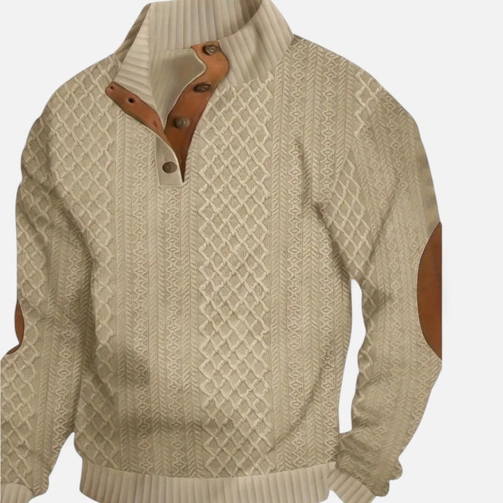 Men's classic cable-knit pullover sweater, ideal warm winter wear for casual or smart casual autumn style.