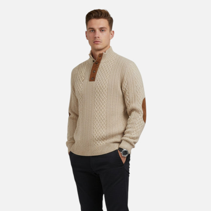 Comfortable men's cable knit pullover with a stand collar, perfect for layering in autumn and winter.