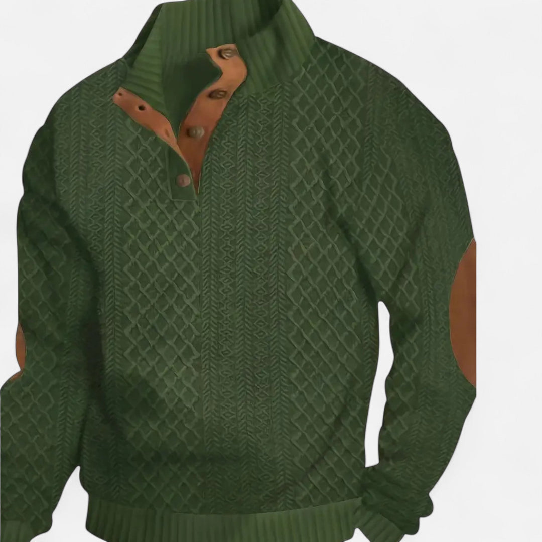 Full shot of a men's warm cable-knit pullover sweater, a comfortable choice for everyday winter wear.