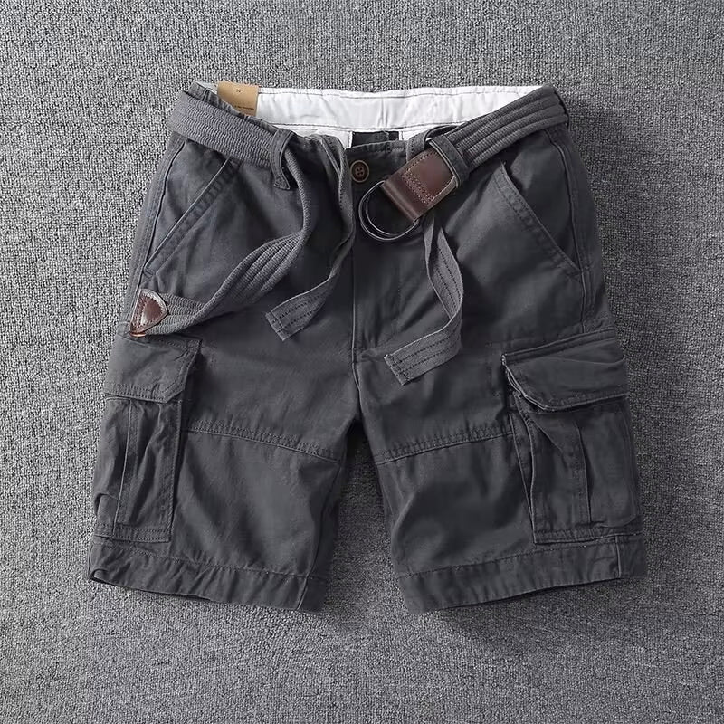 Khaki men's classic cargo shorts featuring multiple utility pockets & an adjustable waist for comfort.