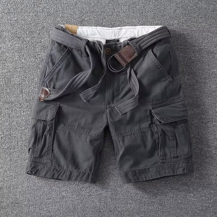 Khaki men's classic cargo shorts featuring multiple utility pockets & an adjustable waist for comfort.