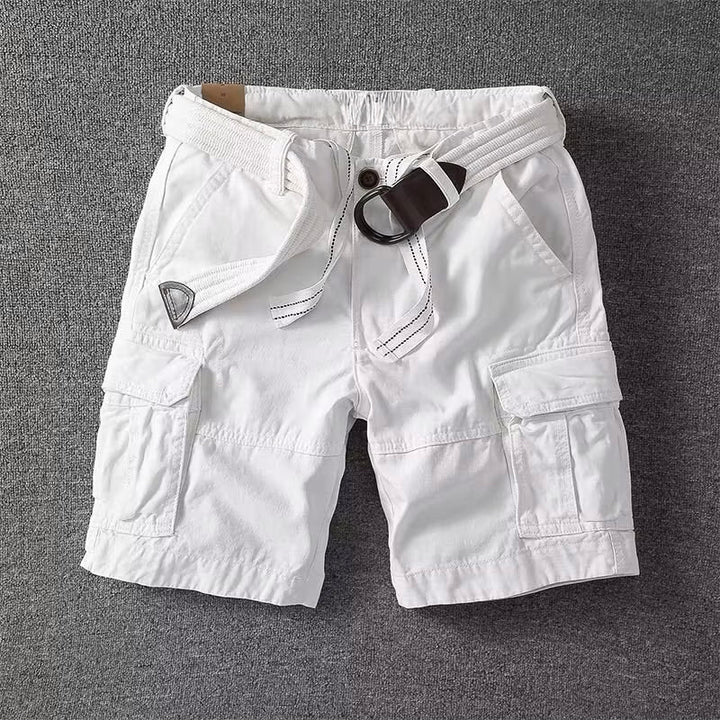 Grey men's utility cargo shorts showcasing a relaxed fit & plentiful multi-purpose pockets for daily use.