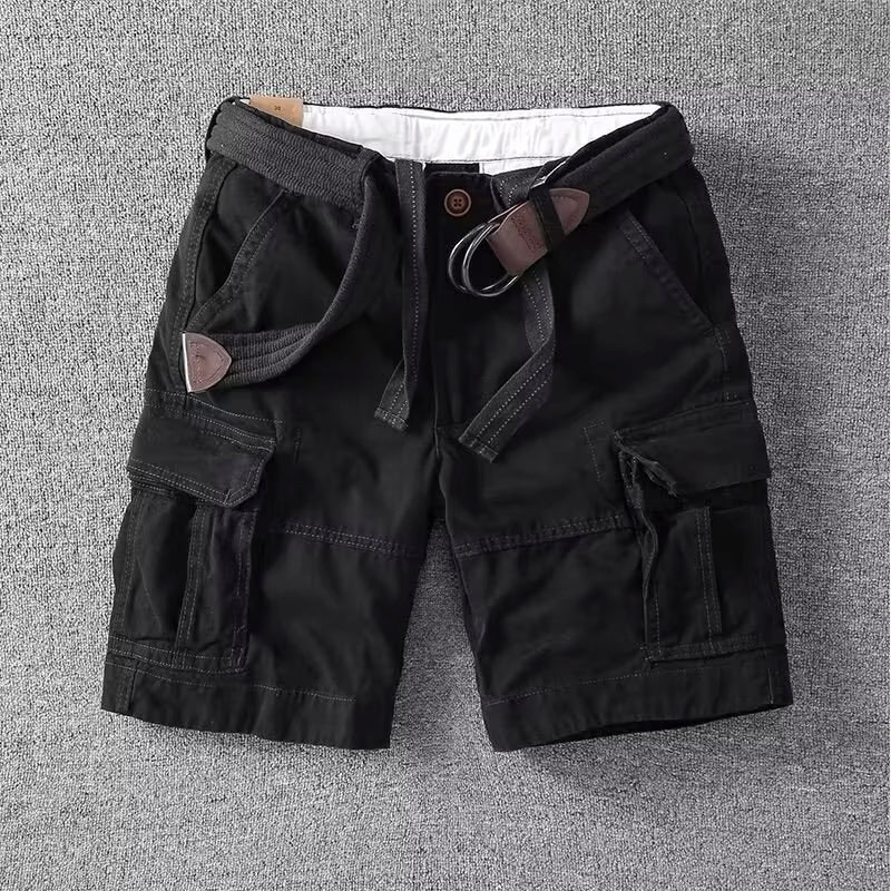 Stylish white men's cargo shorts, versatile with ample utility pockets & an adjustable waist for summer.