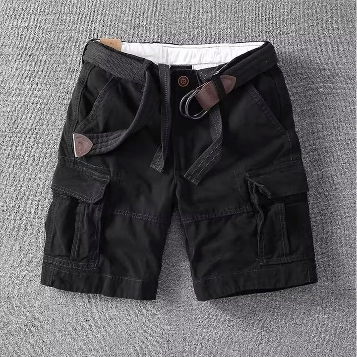 Stylish white men's cargo shorts, versatile with ample utility pockets & an adjustable waist for summer.