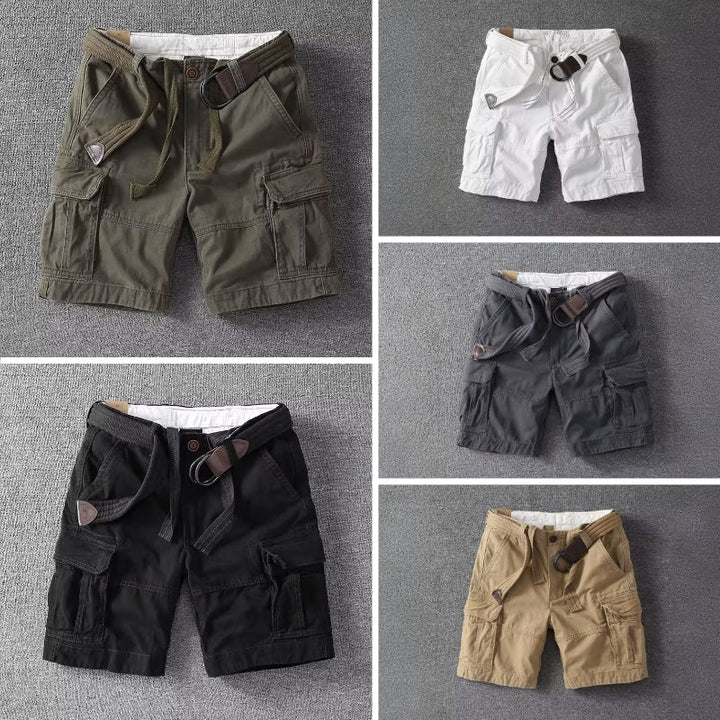 Rugged men's green cargo shorts with deep utility pockets, built for outdoor exploration & casual comfort.