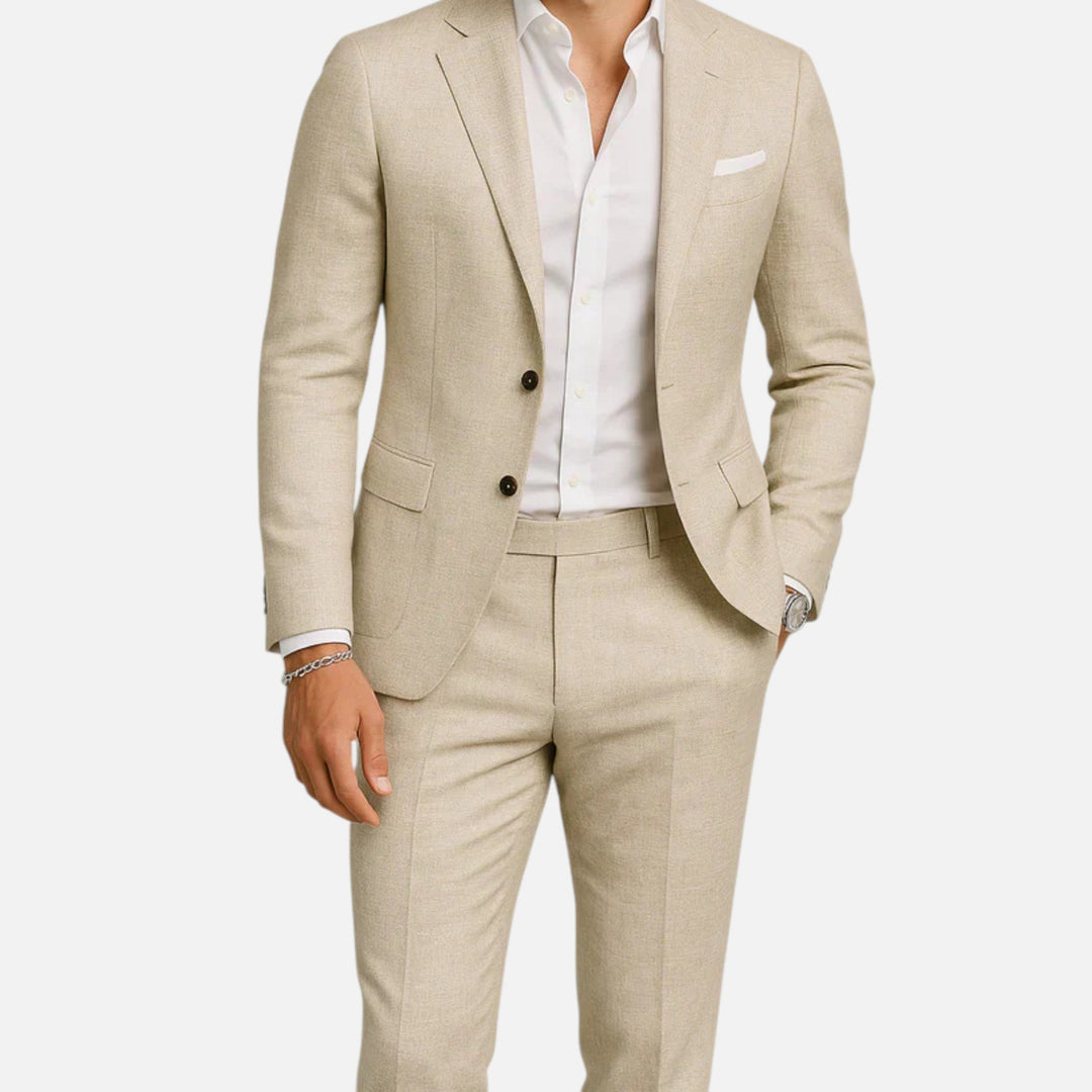 Classic fit men's casual summer suit in a light fabric. Elegant two-piece menswear, perfect for warm weather fashion.