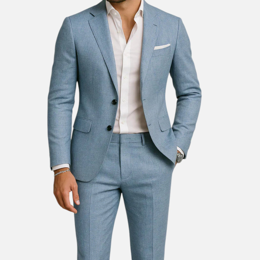 Modern classic men's casual suit, two-piece for summer style. Elegant & comfortable warm weather menswear, men's fashion.
