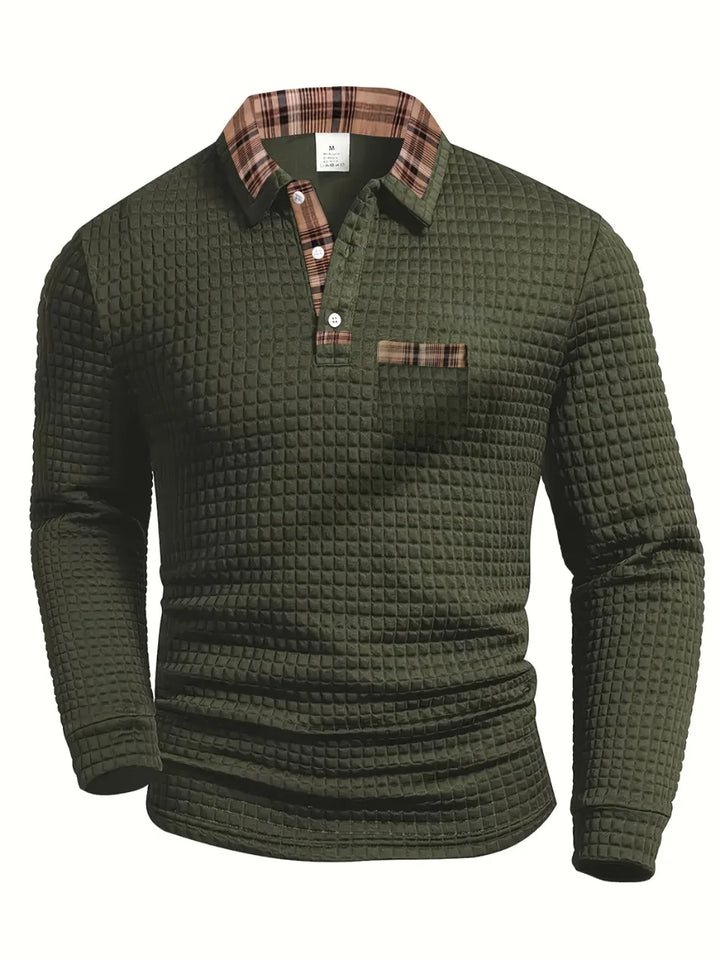 Men's classic checked long-sleeve polo shirt in cotton blend, ideal for smart casual wear