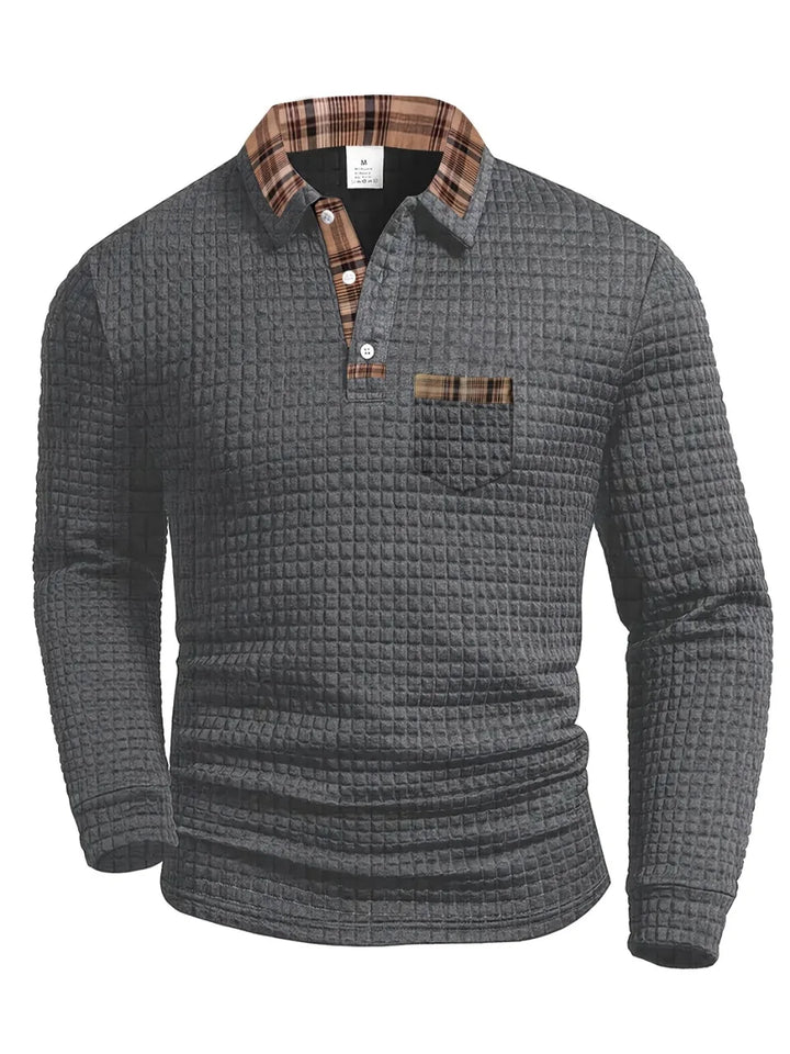 Casual men's checked long-sleeve polo, perfect for everyday fashion and versatile styling