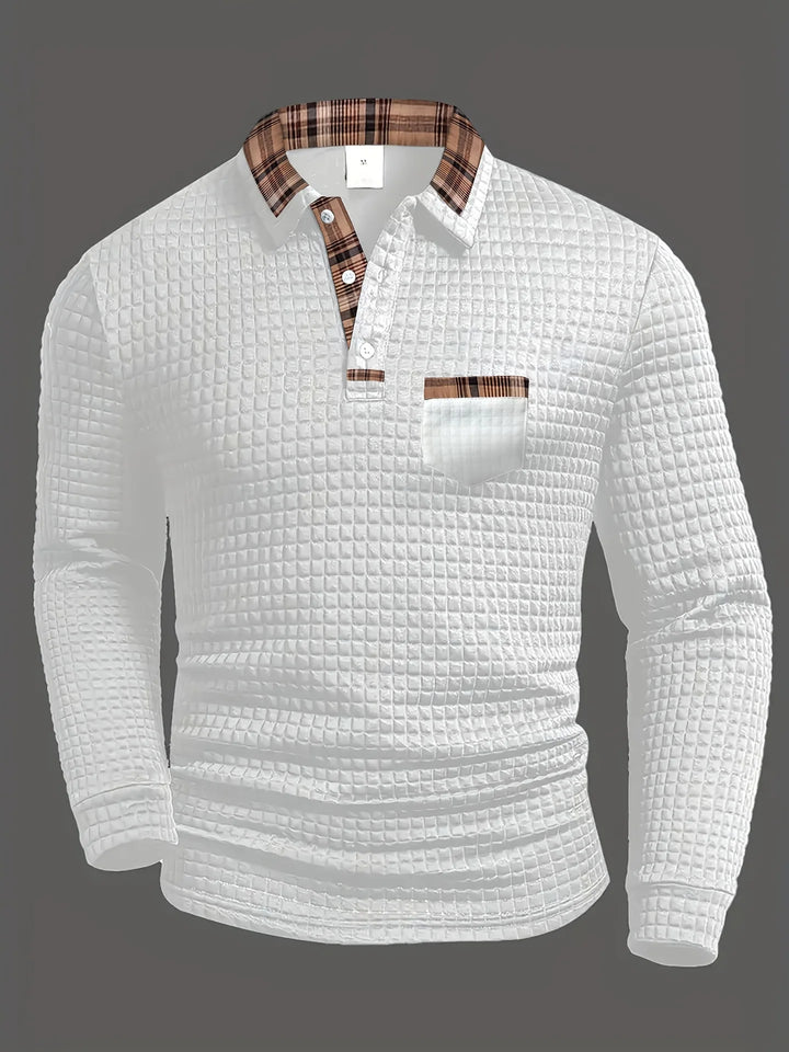 Men's fashion long-sleeve polo shirt in a checked design, suitable for a stylish top
