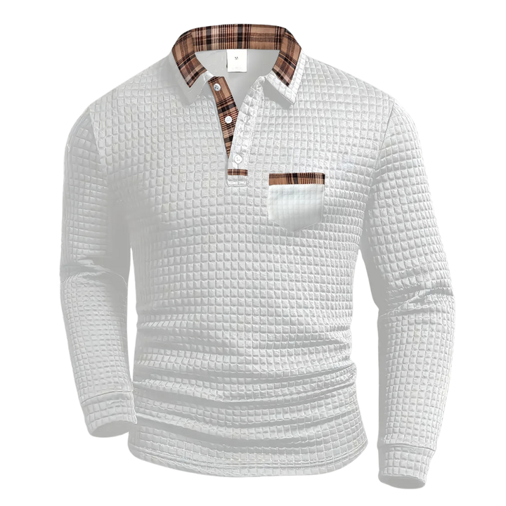 Classic checked long-sleeve polo for men, offering a sophisticated look in casual wear