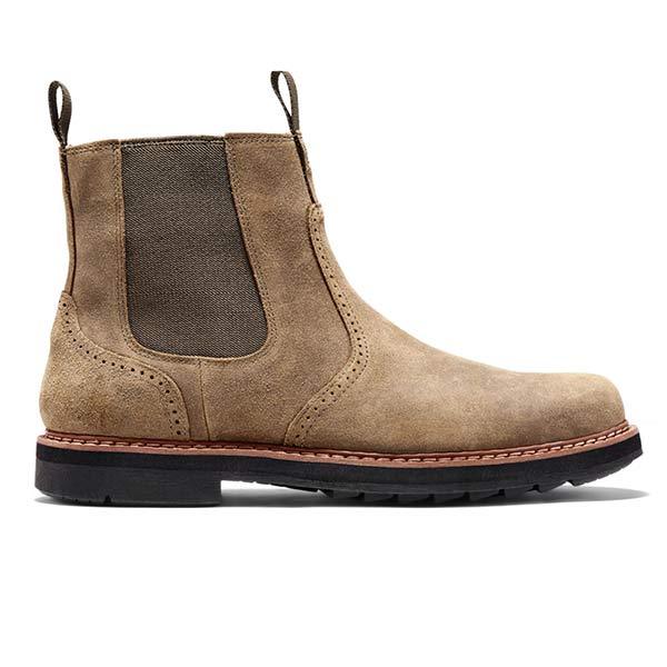 Pair of Men's Khaki Chelsea Boots, elevated view, displaying fashion-forward design and comfort