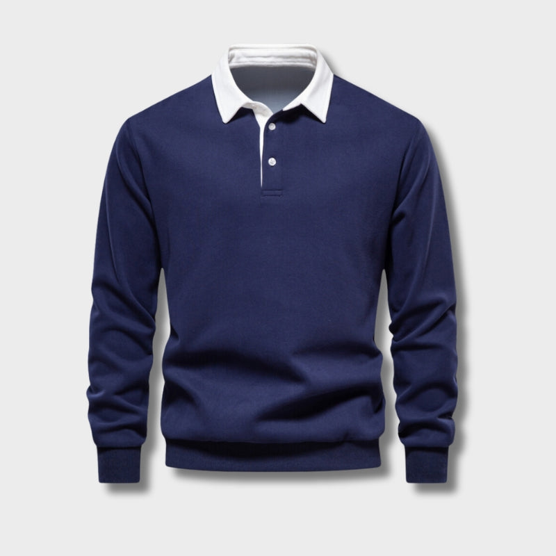 Men's classic collar long sleeve navy blue polo shirt, ideal for casual and stylish summer wear