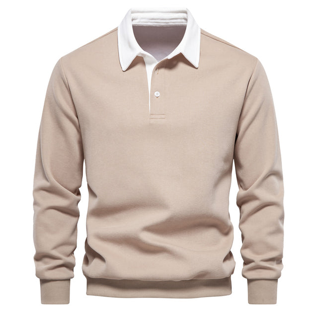 Model wearing a men's long sleeve classic collar polo shirt, showcasing its fit and style