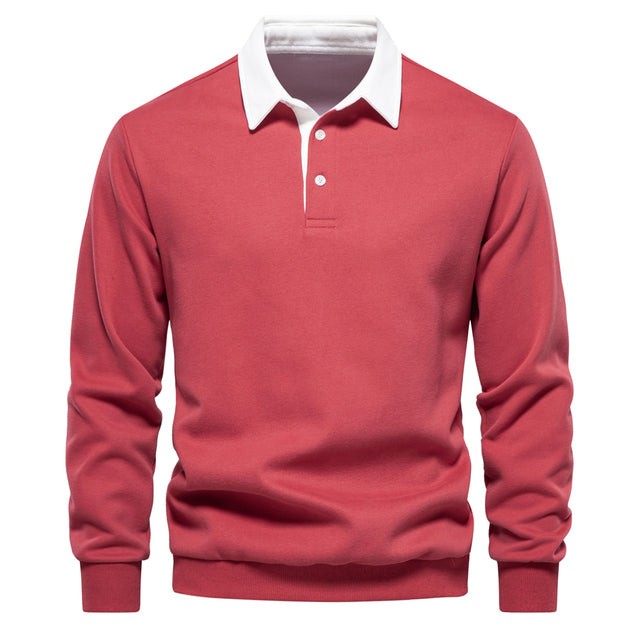 White men's long sleeve knit polo shirt with a classic collar, a versatile fashion staple