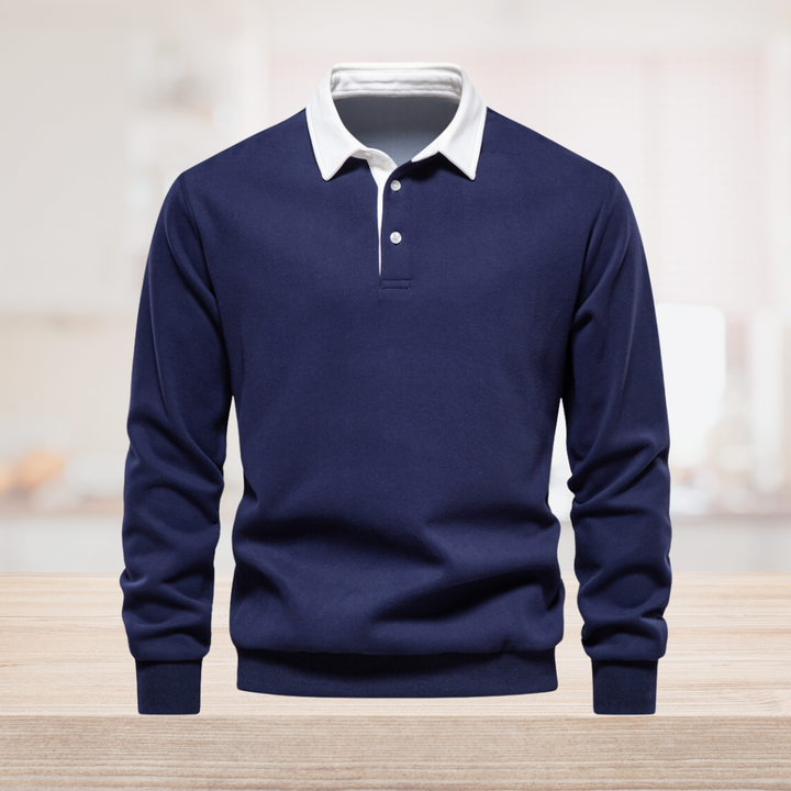 Men's summer fashion: long sleeve classic collar polo shirt in a light blue knit fabric
