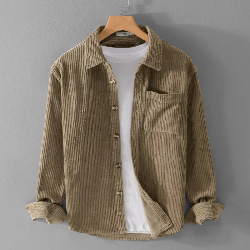 Stylish men's button-down shirt featuring a ribbed texture corduroy fabric, ideal for classic men's fashion.