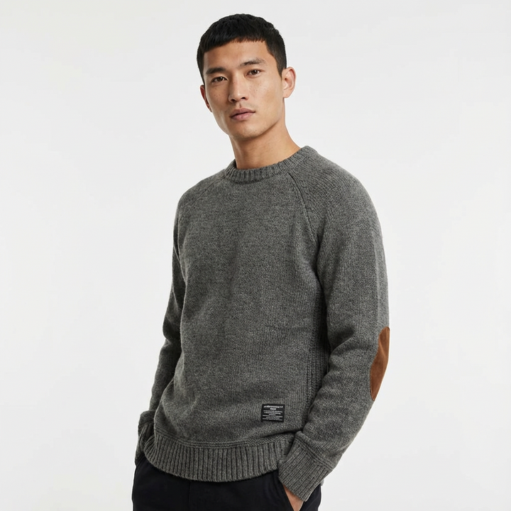 Men's classic crew neck jumper with stylish elbow patches; smart casual knitwear.