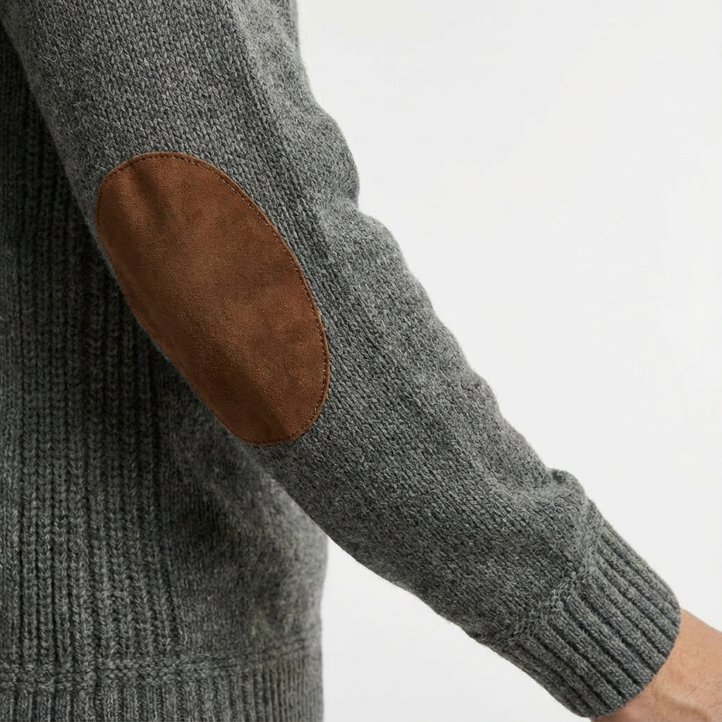 Men's crew neck sweater, classic style, featuring distinctive elbow patches for a smart look.