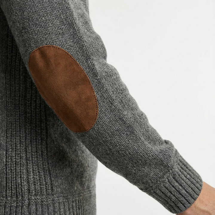 Men's crew neck sweater, classic style, featuring distinctive elbow patches for a smart look.