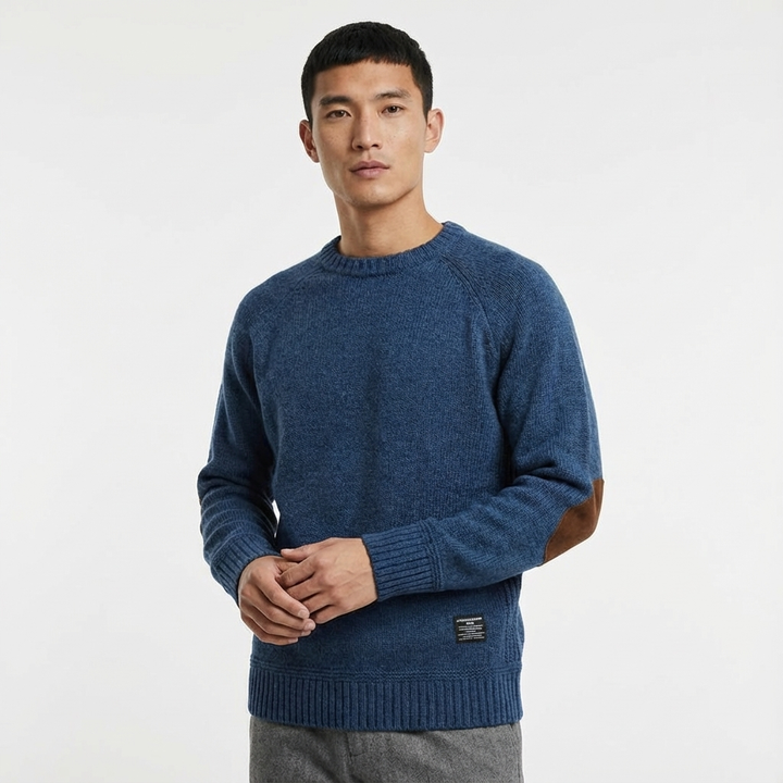 Menswear crew neck jumper, featuring elegant elbow patches, great for a fall smart casual outfit.