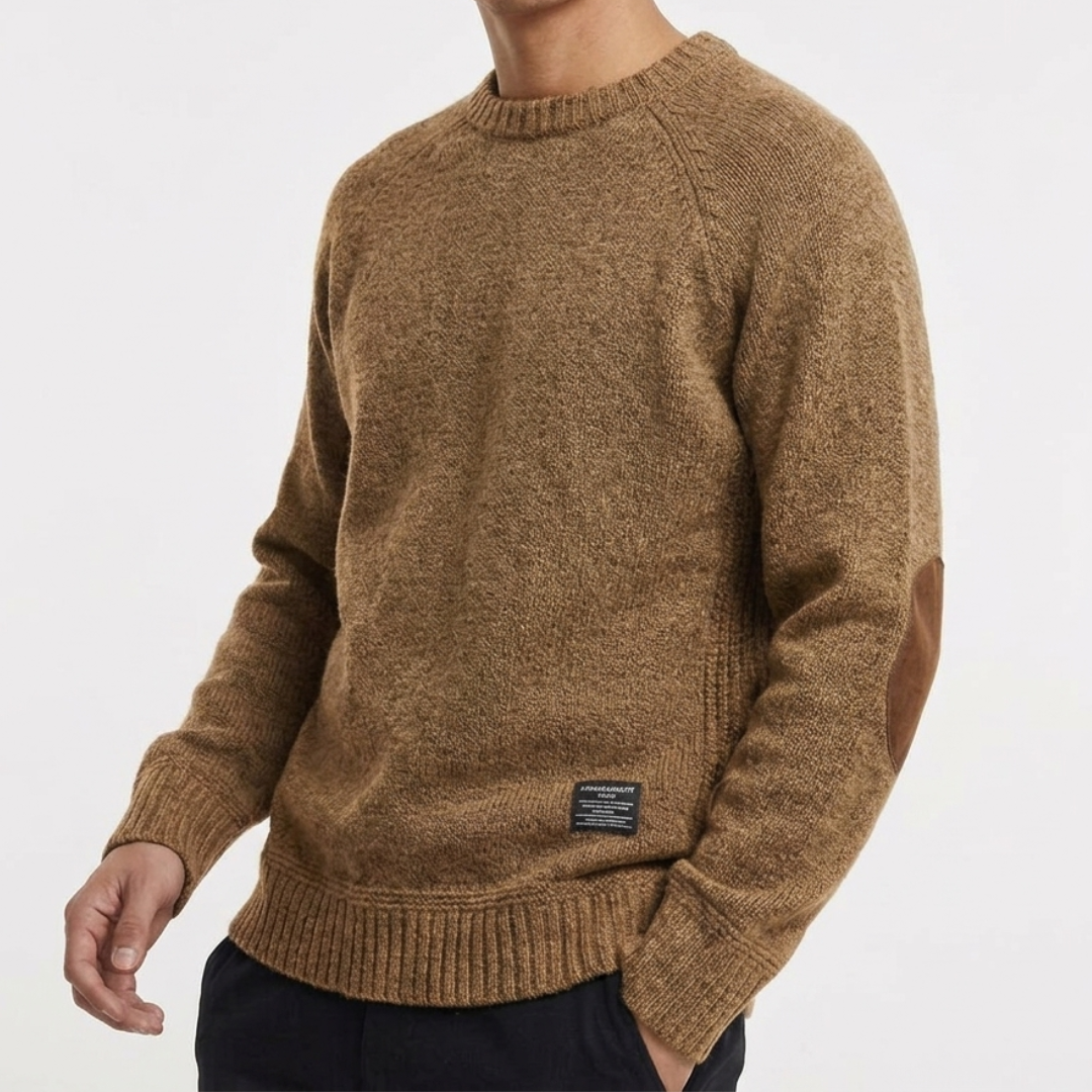 Classic men's sweater with unique elbow patches, crew neck, perfect for a sophisticated casual look.