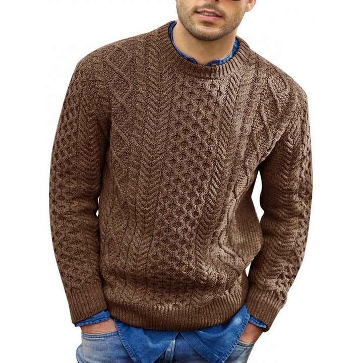 Stylish men's pink crew neck knit sweater. Textured, long sleeve, relaxed fit, comfortable autumn fashion for men.