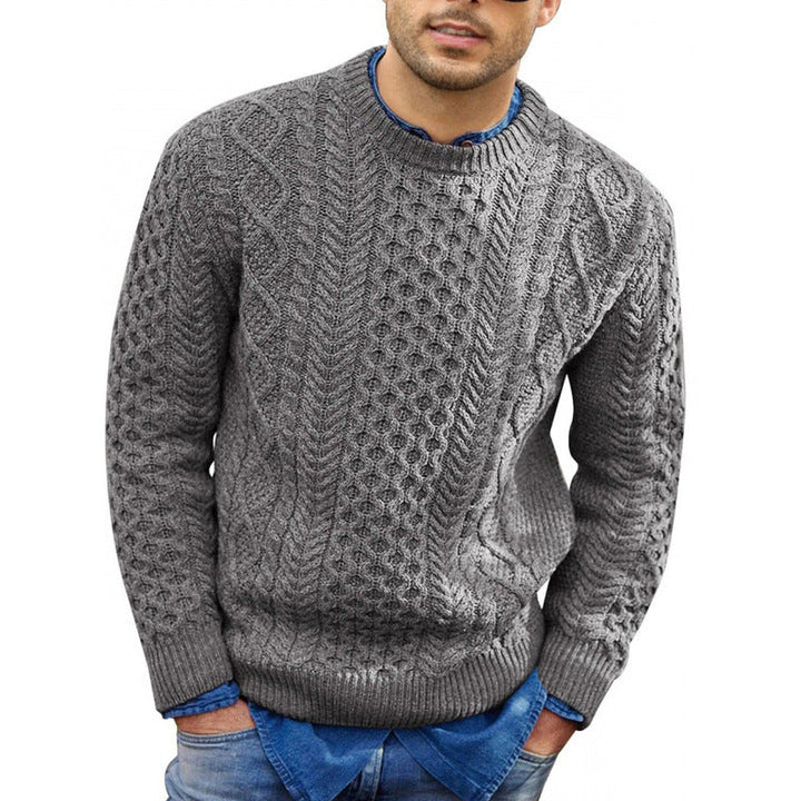 Comfortable men's blue crew neck knit sweater, perfect for winter. Versatile, long sleeve, stylish knitwear.