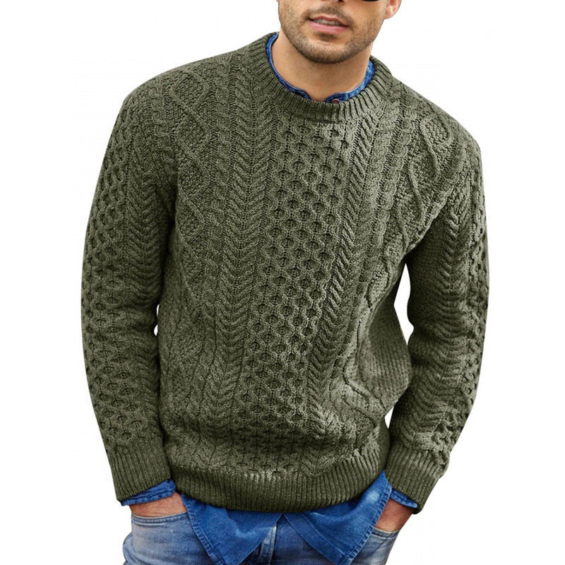 Men's gray crew neck knit sweater with textured weave. Long sleeve, relaxed fit, ideal for stylish autumn/winter fashion.