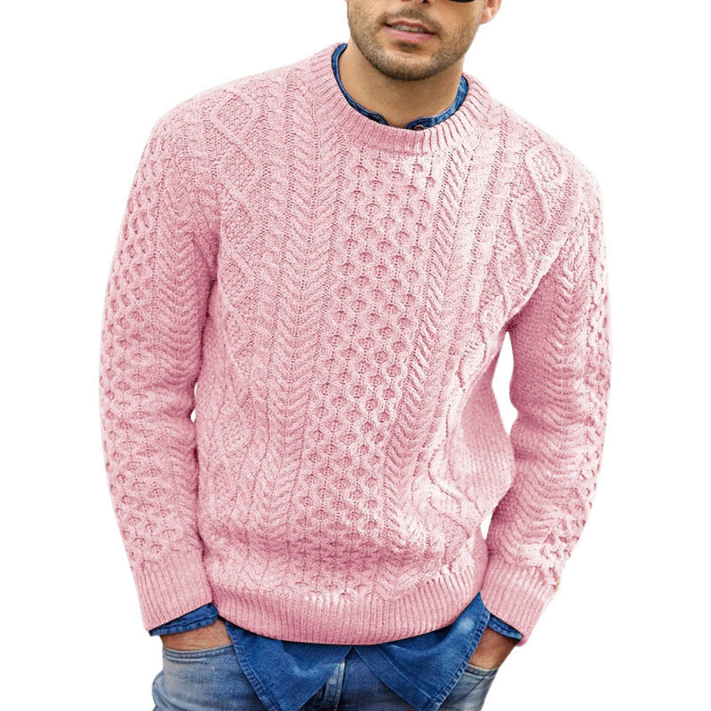 Army green men's classic crew neck knit sweater. Soft, comfortable, long sleeve, versatile autumn/winter wear.