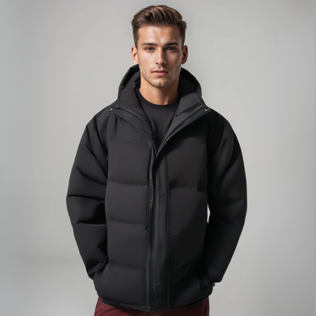 Men's classic design warm hooded jacket, perfect for winter fashion & casual wear.