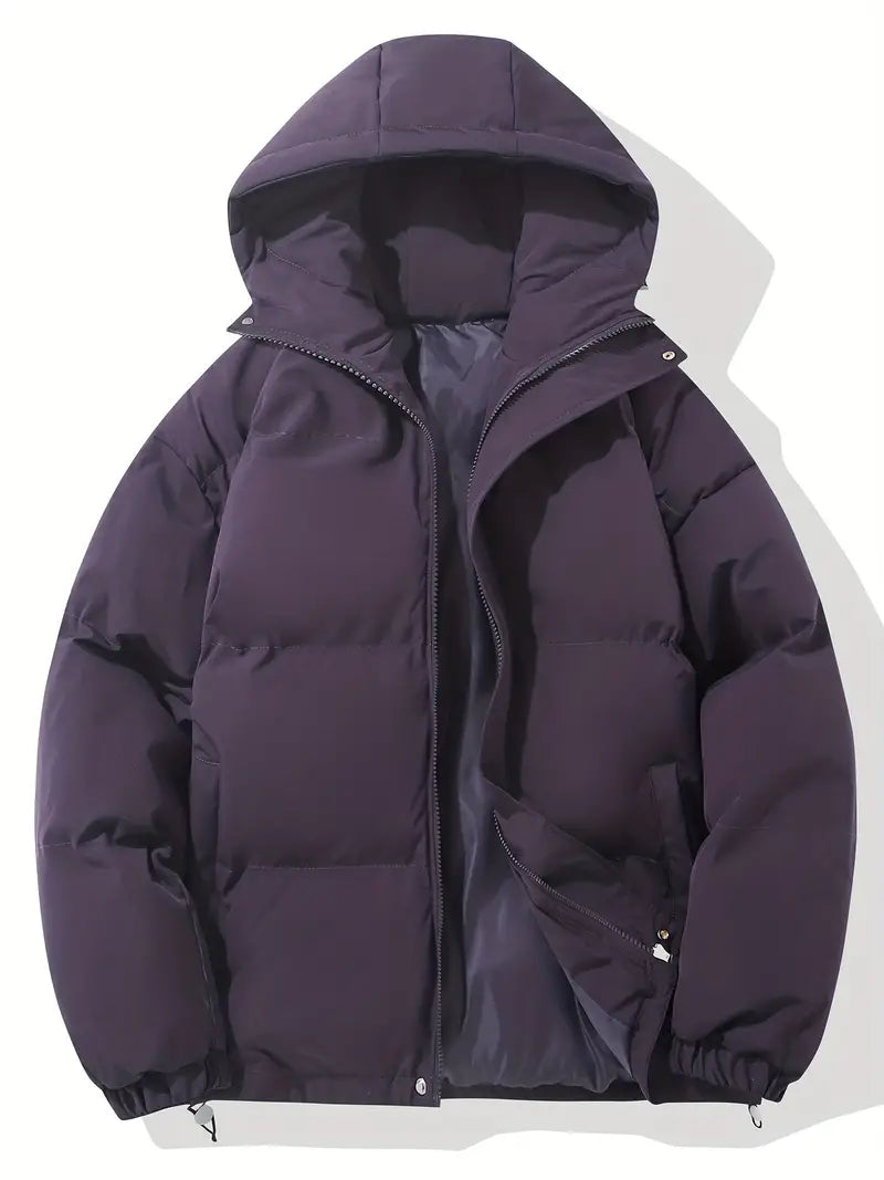 Warm men's outerwear, this classic hooded jacket provides coziness for winter fashion.