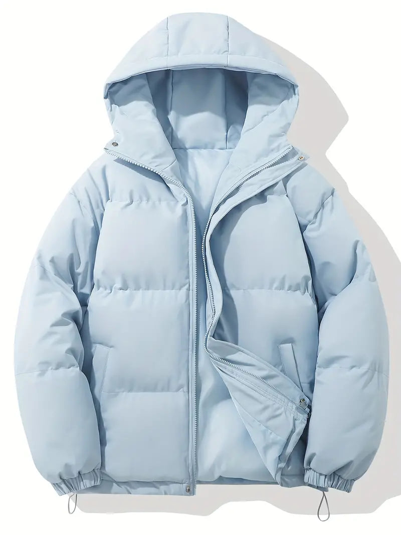 Back view of a men's hooded jacket, highlighting its classic design & comfort fit.