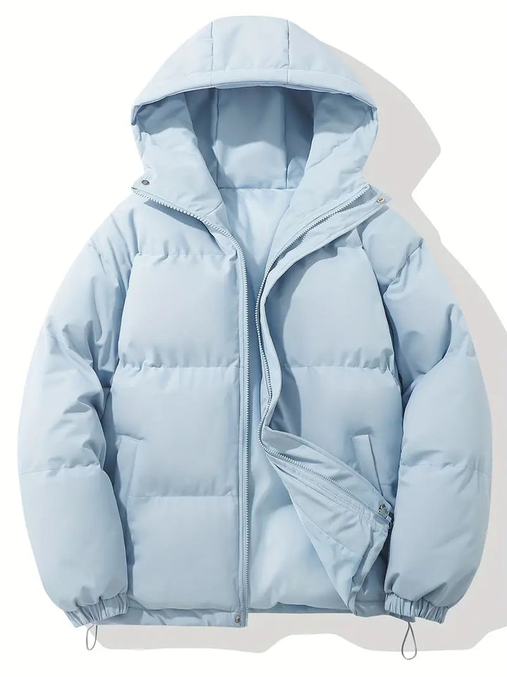 Back view of a men's hooded jacket, highlighting its classic design & comfort fit.