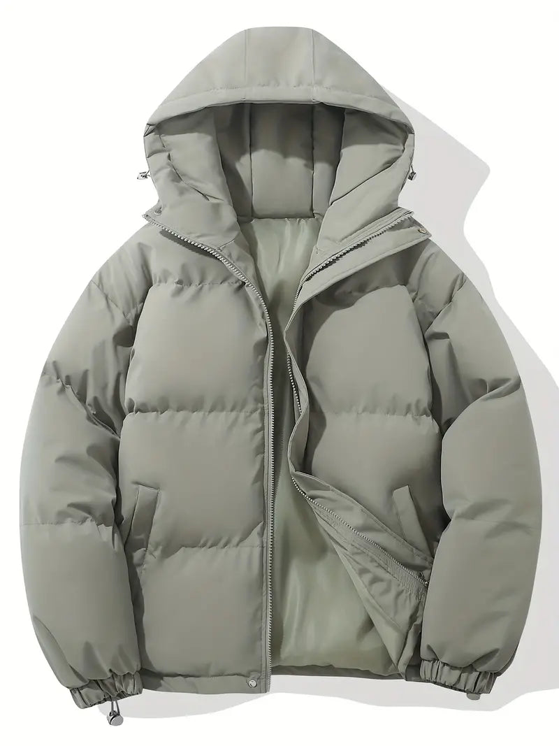 Close-up of the hood & collar on a men's classic design warm hooded jacket.